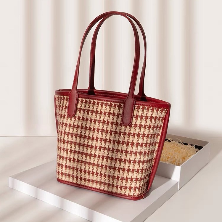 Red Thousand Bird Grid New High Grade Water Bucket Cabbage Basket Wedding Bridal Bag Handbag Daily Usable_voghion.com