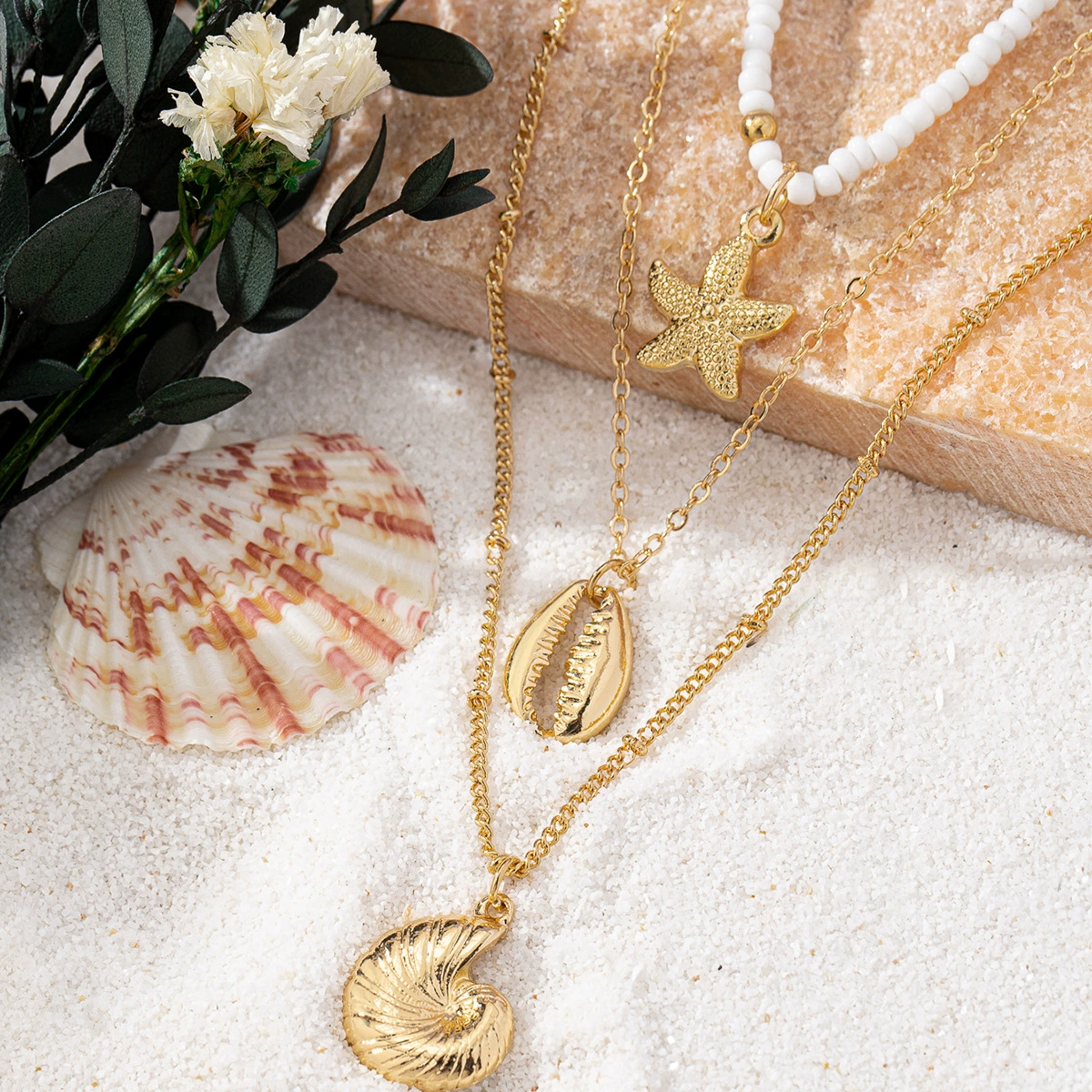 3 marine elements vacation style necklace set conch, starfish, beach women's multi-layer design