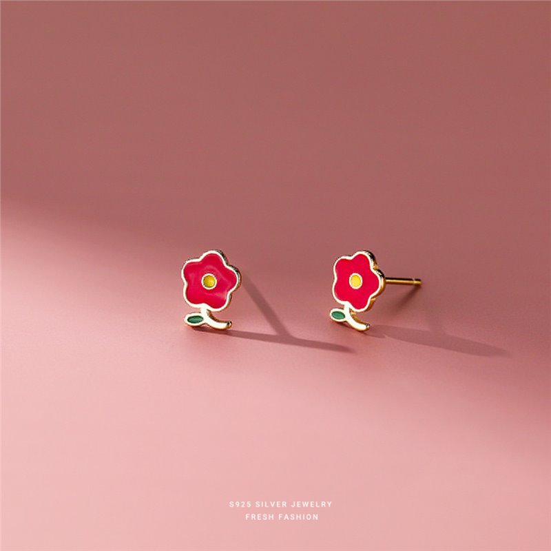 Boucles d'oreilles puces fleurs rouges en argent sterling_voghion.com