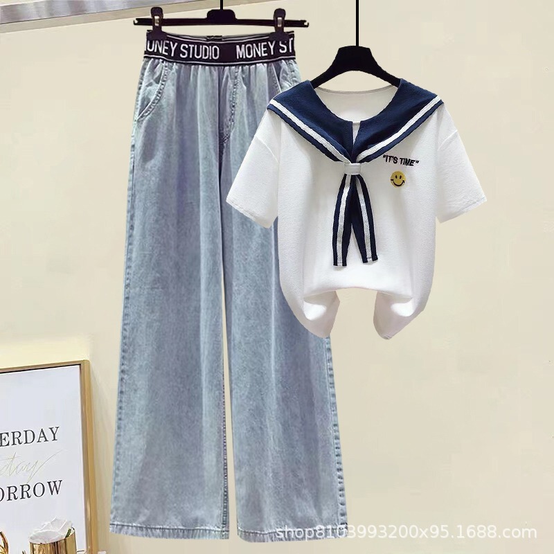 Jeans suit #2024 Summer New Niche Shawl Contrast Short-sleeved T-shirt Women's Retro Loose Waist Jeans