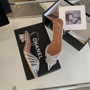 Transparent High Heels Cross-Border New European and American Style Fashion Rhinestone Women's Stiletto Open Toe Slip-On Thick Heel Pointed Toe Sandals