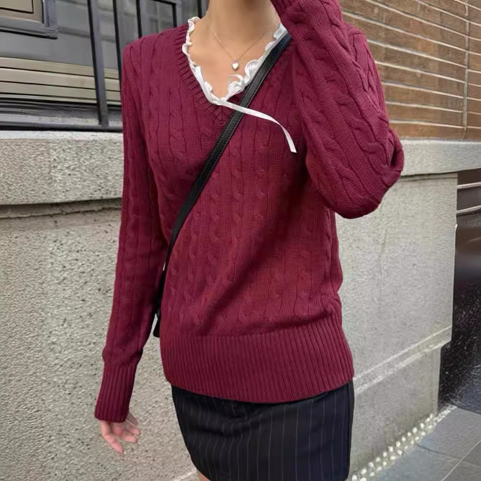 BM風アメリカレトロ麻花ニットvネックセーター長袖bmニット純色怠惰な上着カバーカジュアル