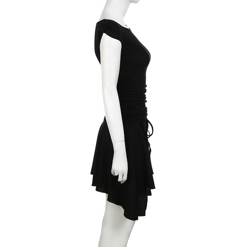 Sexy Drawstring Lace Pleated Waist Tight Slimming Irregular Asymmetric Dress Multiple Wear off the Shoulder Slim Fit
