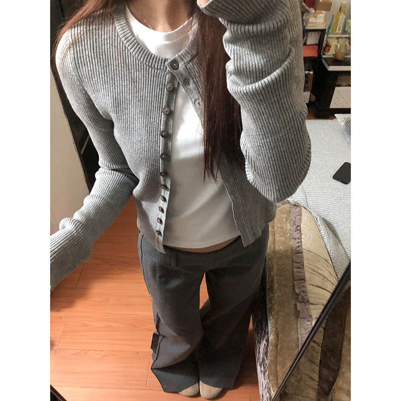 美式复古灰色短款针织开衫女外搭春季新款修身显圆领外套上衣潮|undefined
