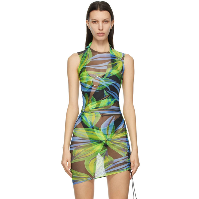 Round Neck Mesh See-Through Print Drawstring Sleeveless Dress NSKKB112036