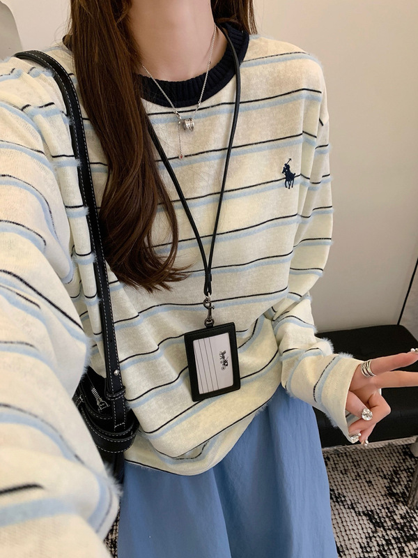 韩系撞色条纹长袖T恤女2025早秋新款宽松休闲显瘦慵懒风打底衫|undefined