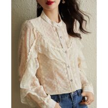 法式设计感蕾丝雪纺衬衫女小个子春秋季镂空感长袖上衣