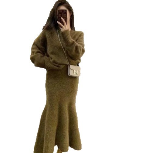 秋冬新款韩版时尚休闲针织套装女装气质宽松百搭鱼尾裙毛衣两件套|undefined
