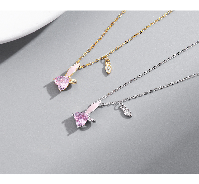 14g Weight Crystal Inlay Material Necklace Classification cable chain Chain Type 1 Piece Quantity 925 Sterling Silver Crystal Cable Chain Inlay Rabbit Heart Shape Necklace