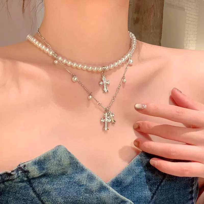美式辣妹~珍珠十字架双层叠戴项链女高级感轻奢小众锁骨链颈链