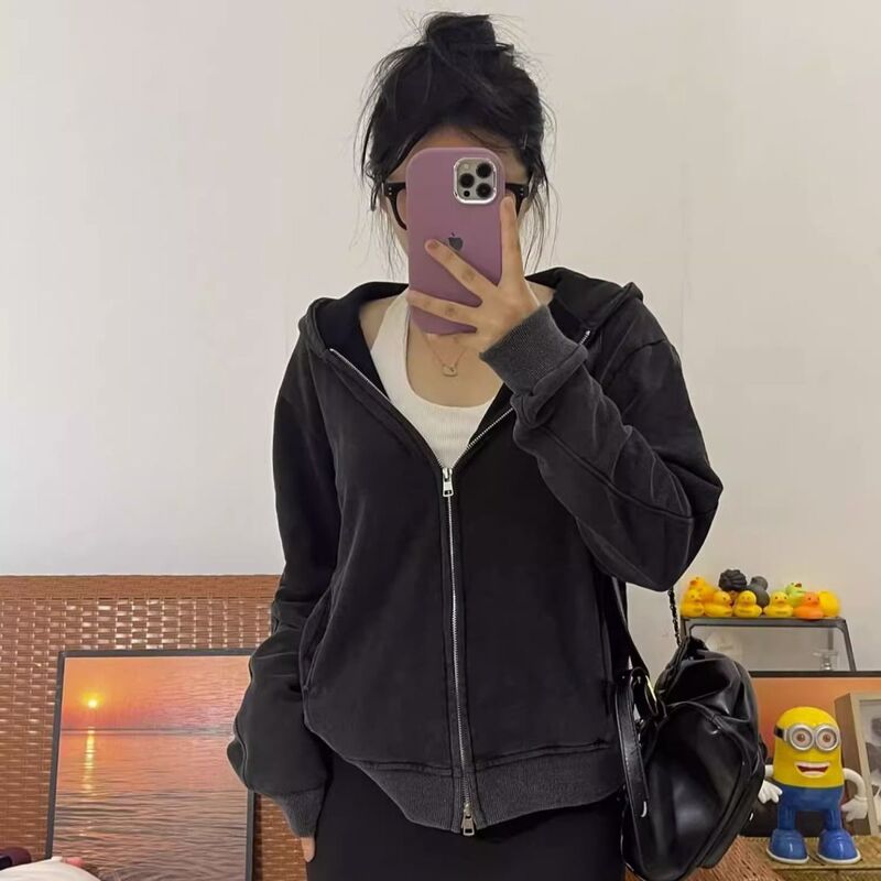 黑灰色连帽开衫卫衣女大码胖mm春秋美式薄款小众短款运动外套冬季|undefined