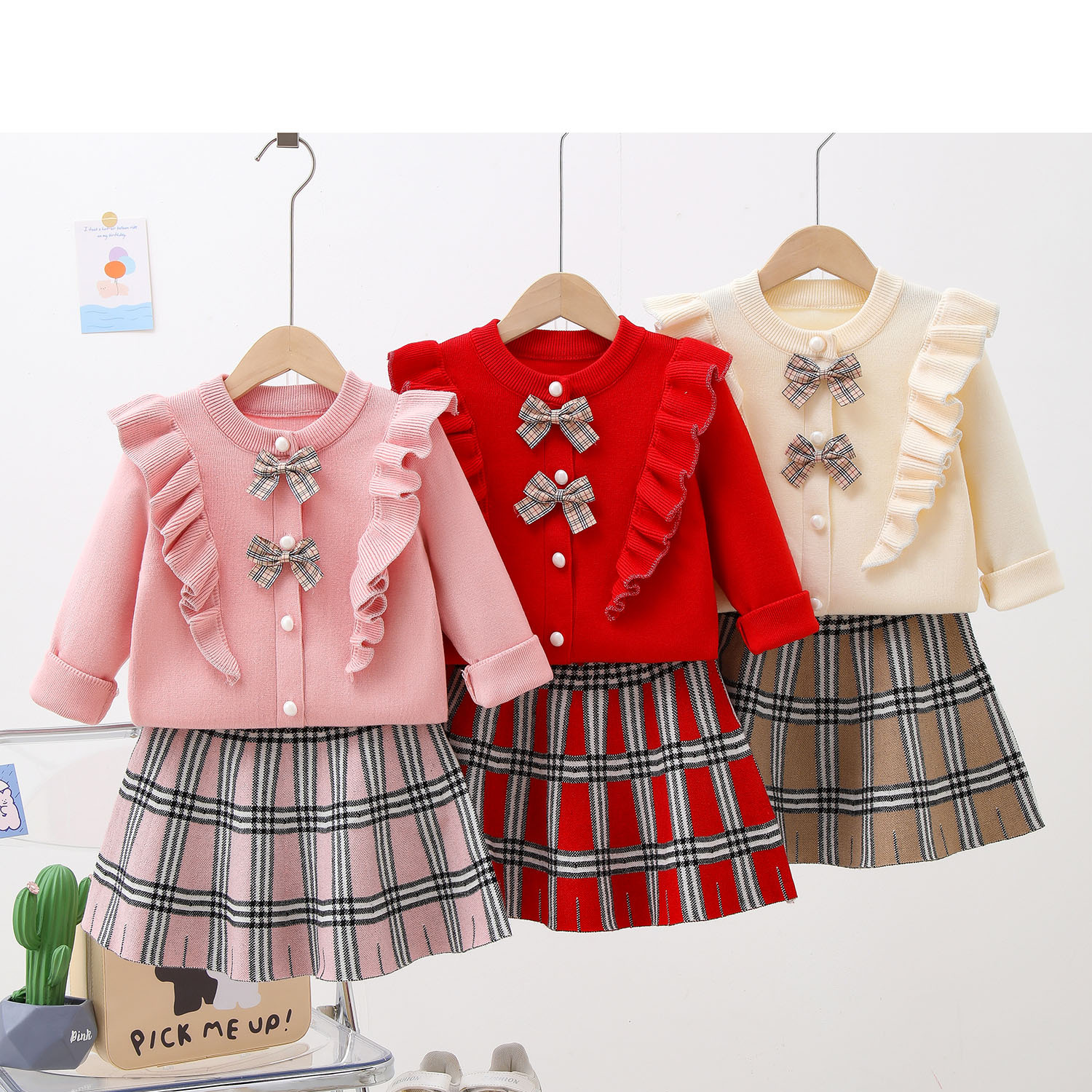 Παιδικό πλεκτό σετ για φθινόπωρο και χειμώνα, νέο φιόγκο καρό πουλόβερ, ζακέτα φούστα_voghion.com