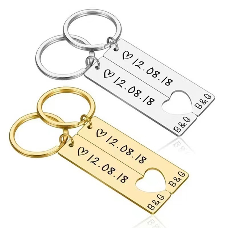 2 Pieces Quantity Hot Selling Stainless Steel Strip Heart-Matching Personality Simple Couple Keychain Engraved Date Factory In Stock Wholesale