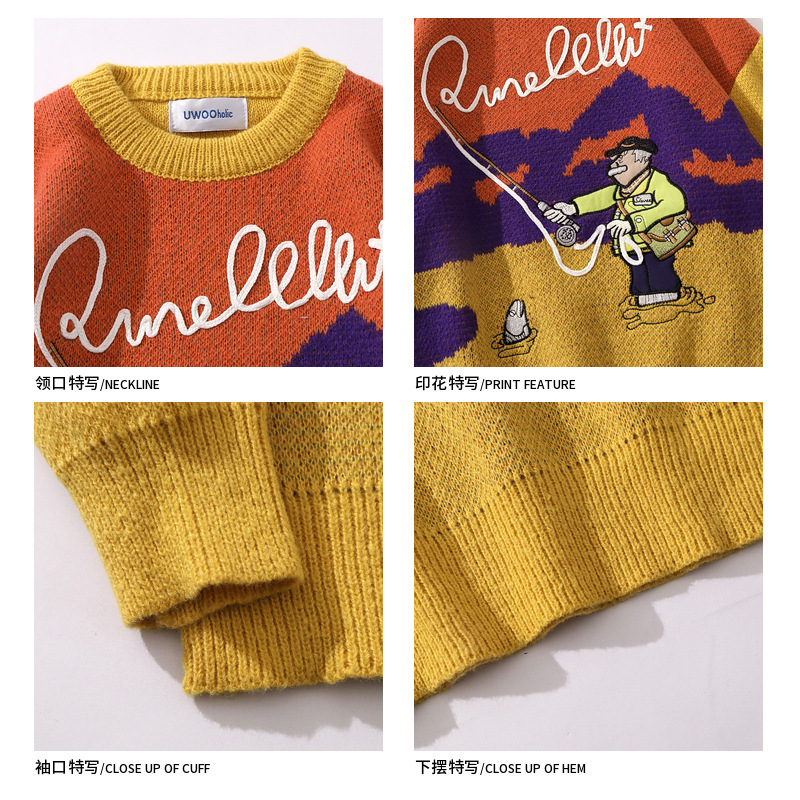 日本のレトロな楽しい漫画刺繍入りラウンドネックセーター、男女兼用、秋のトレンドブランド、ゆったりとしたカジュアルなカップル向けニットトップス|undefined