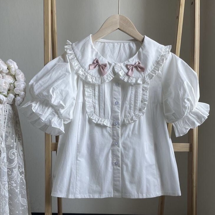 Lolita Doll Collar Puff Sleeve Shirt, Sweet Lolita Style, Cute Bowknot White Base Shirt for Women