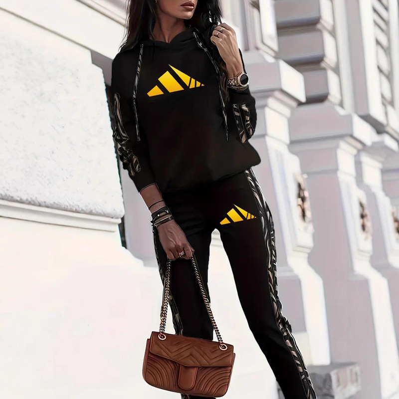 Temu Amazon Hot Selling Casual Plaid Casual Suit Autumn Long Sleeve Hooded Sweatshirt 0051 Print