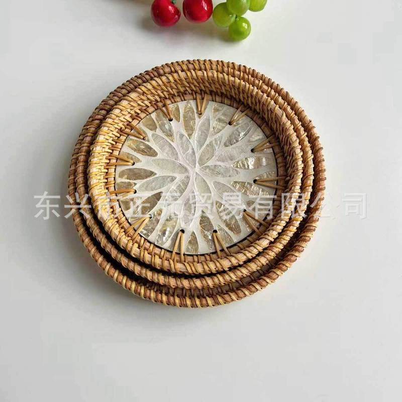 藤编贝壳托盘客厅零食收纳盘糕点茶盘圆形贝壳收纳托盘水果篮|undefined