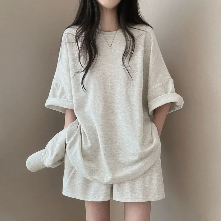 100% Pure Cotton Korean Style Summer Short Sleeve T-Shirt Midi suit Women Sports Casual Shorts Solid Color Couple Two Pieces