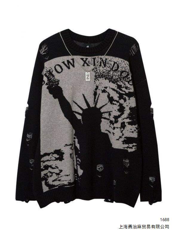 Dark, ripped, retro Statue of Liberty sweater for men, oversized, relaxed, loose knit top