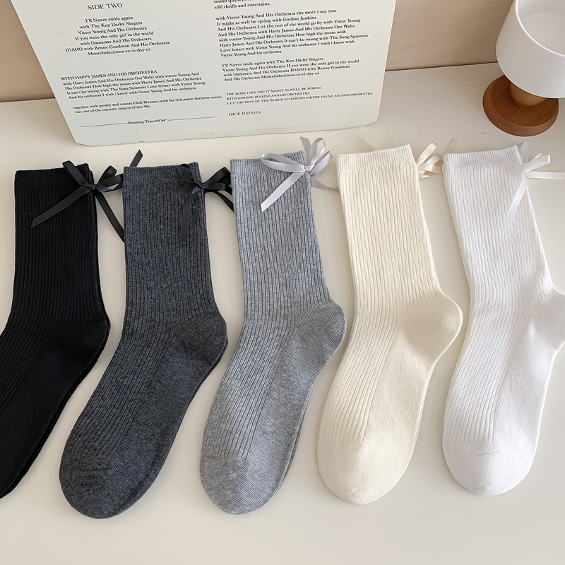 Women's Summer Long Socks, Sweat-Absorbent, All-Cotton Mid-Calf Socks, Breathable, Odor-Resistant, Bowknot, Trendy Versatile Women's Socks