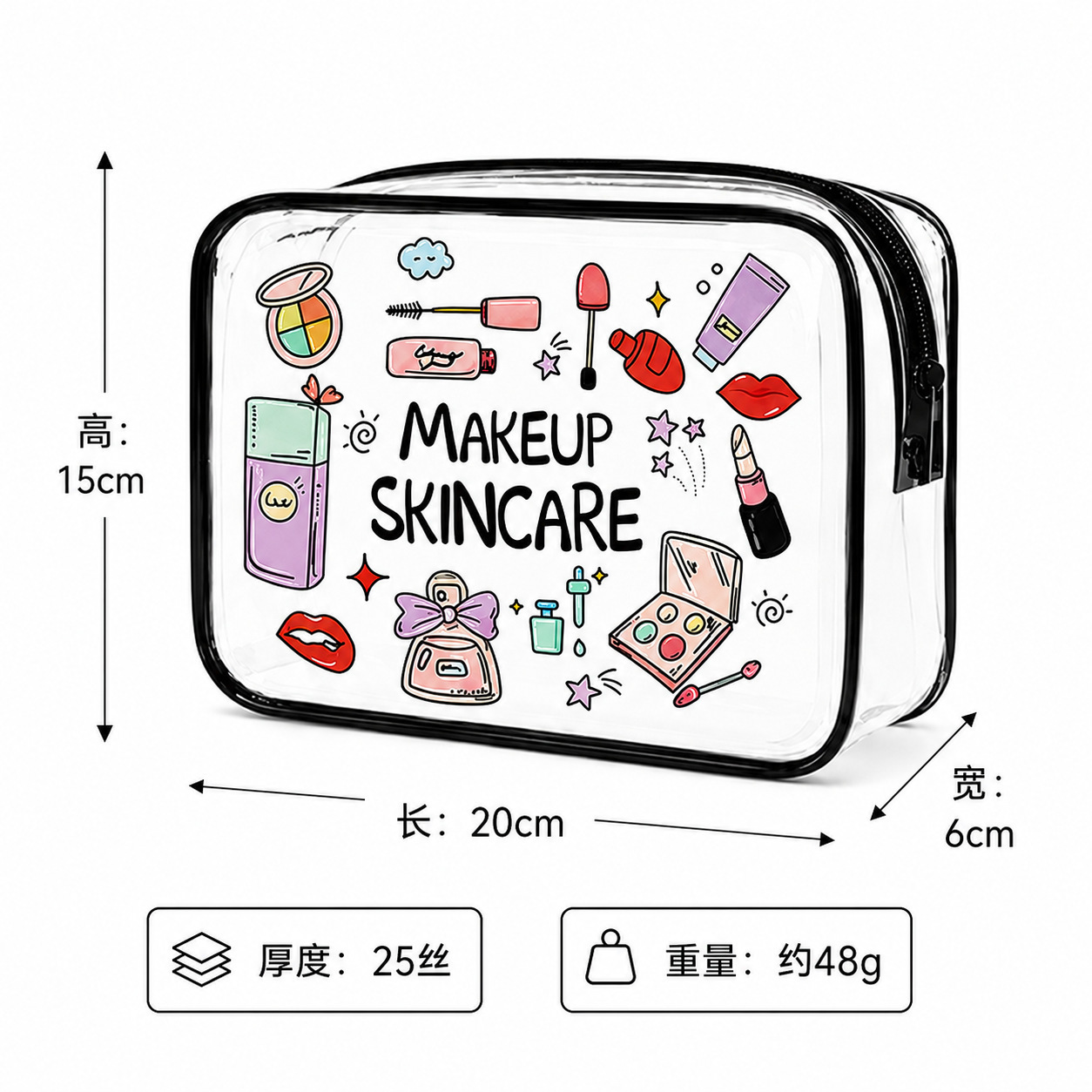 Bolsa de Aseo Transparente de PVC Impermeable con Cremallera para Viajes y Artículos de Tocador