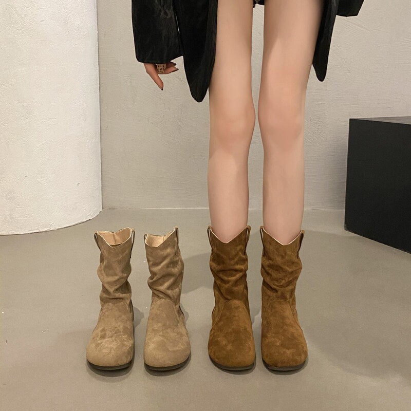 软底内增高勃肯短靴女西部靴春季显瘦一脚蹬圆头堆堆靴复古马丁靴|undefined