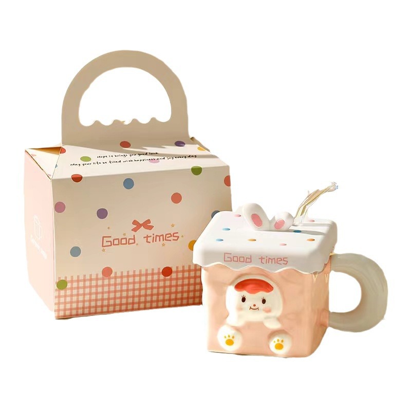 Taza de conejo lindo con tapa pajita regalo de corazón de niña creativa taza de desayuno de cerámica cuadrada taza de oficina