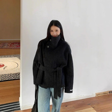 跨境亚马逊2025秋冬新品舒适保暖高领毛呢外套收腰系带大衣女