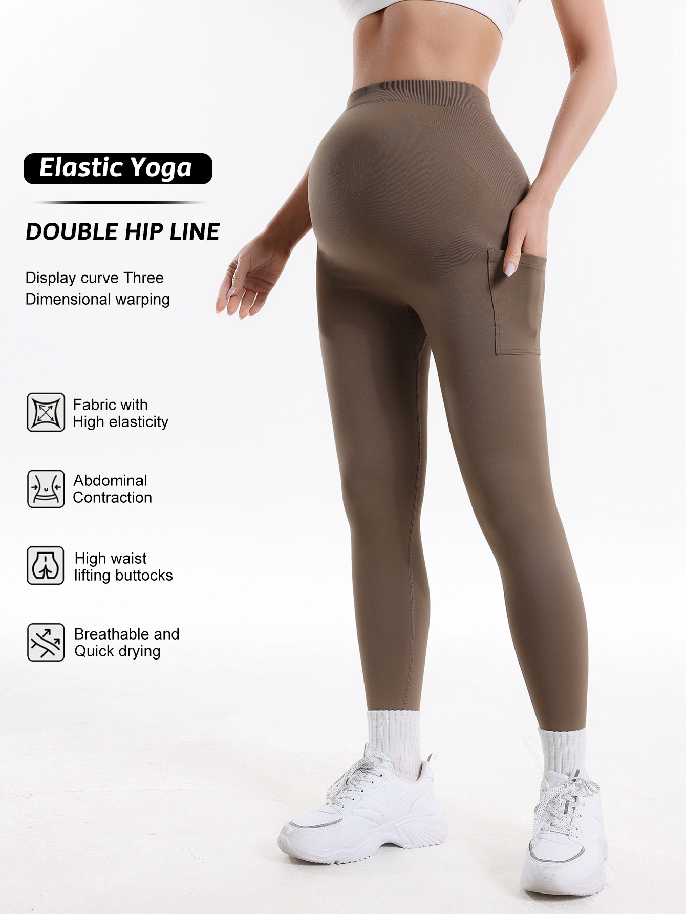 Pantalones de yoga sin costuras de estilo europeo y americano para mujeres embarazadas con bolsillos, pantalones de maternidad para fitness, leggings de maternidad ajustados que realzan los glúteos.