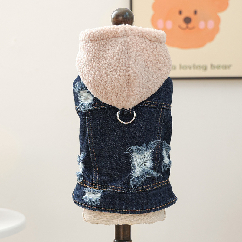 宠物衣服秋冬新款小型犬幼犬快乐狗猫保暖舒适羔羔绒帽牛仔衣绿帽|undefined