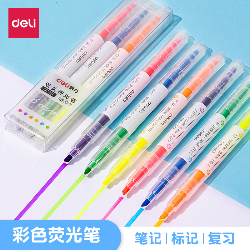 Deli Highlighter Fluorescent Marker Students Take Notes with Rough Emphasis Double-headed Color Marker