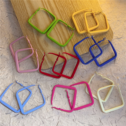 Summer Hong Kong style large square frame earrings 925 silver needle C-shaped colorful hoop earrings acrylic non-pierced ear clip earrings