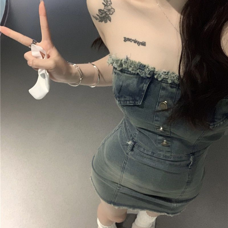 루즈 데님 원피스 여성 봄 달콤한 쿨 스타일 레트로 슬림 핏 스트랩리스 스커트 프라이드 스트리트 힙합 스커트 오프 숄더