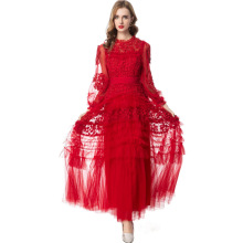 重工镂空钩花荷叶边长袖红色礼服长款连衣裙 欧美女装新秋冬2025