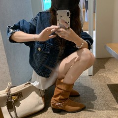 【葡萄妈同款】敦煌堆堆靴~复古扣带粗跟骑士短靴女西部堆堆靴