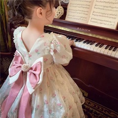 女童公主裙夏裝2023新款洋氣兒童碎花裙小女孩蝴蝶結泡泡袖連衣裙