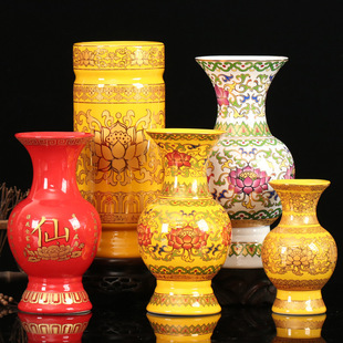 Керамическая ваза без слова цвета желтый рельеф Lotus Buddha перед вазой Guanyin с сетевой вставкой для бутылки для описания золотой бутылки лотоса