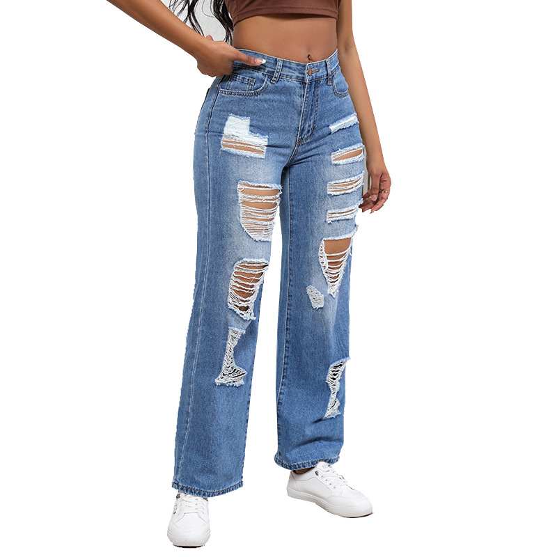 2024 verano nuevo estilo europeo y americano hipster jeans holgados pantalones vaqueros de pierna ancha para mujer suministro de stock de fábrica al por mayor