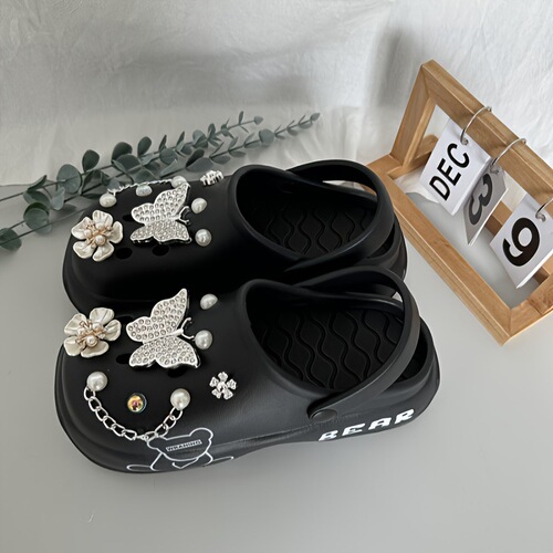 Bear Print Shoes with Pearl Designs Elegant Bear Print