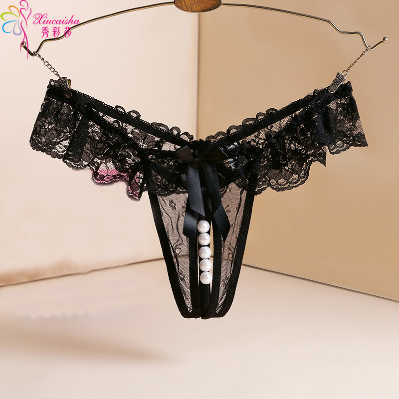 Lace Pearl G-string Thong, White One Size, Sheer Crotchless Design — detail image 6
