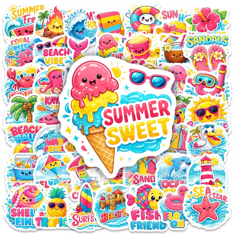 50 Colorful Summer Beach Cartoon Stickers with a Fresh Holiday Vibe, Decorative Stickers for Notebooks and Water Bottles, Waterproof and Wear-Resistant 50 Colorful Summer Beach Cartoon Stickers with a Fresh Holiday Vibe, Decorative Stickers for Notebooks and Water Bottles, Waterproof and Wear-Resistant