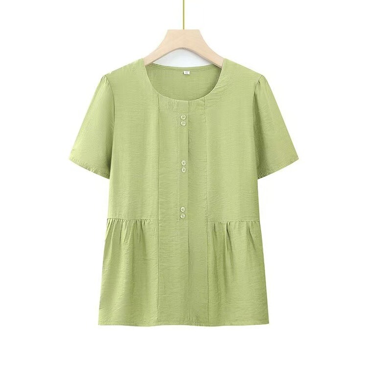 Dropshipping 2025 New Summer Style Middle-Aged Women's Shirt Round Neck Solid Color Pullover Shirt Casual Mom Summer