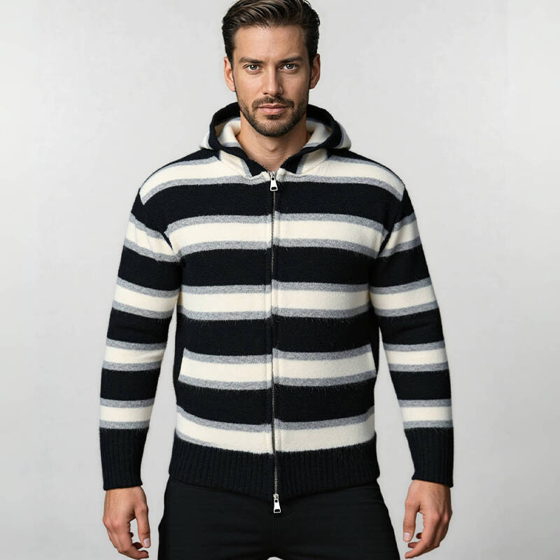 Gestreifter Kapuzenpullover für Herren – Übergroßer Strickpullover (Verdicktes Fleecefutter, überschnittene Schultern, gerippter Saum, maschinenwaschbar, Streetwear-Essential)_voghion.com