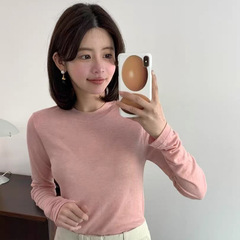 韓国東大門と同じスタイル25n初秋エッグ万能ラウンドネック無地ウールテンセルボトムシャツ長袖Tシャツ