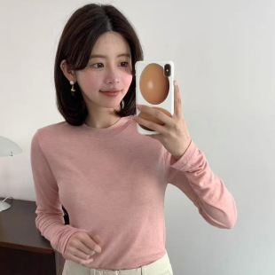 Now H Korea Dongdaemun Same Style 25N Early Autumn Egg Versatile Round Neck Pure Color Wool Tencel Bottoming Shirt Long-Sleeved T-Shirt