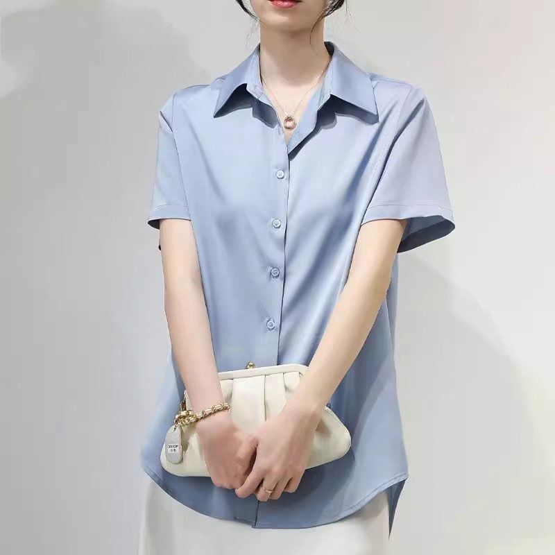 Summer New White Short-Sleeved Shirt Design Satin Classic Professional Shirt Commuter Draped Top for Women