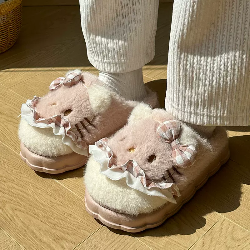女生棉拖鞋秋冬季居家室内防滑加绒厚底保暖毛绒卡通小猫棉拖学生