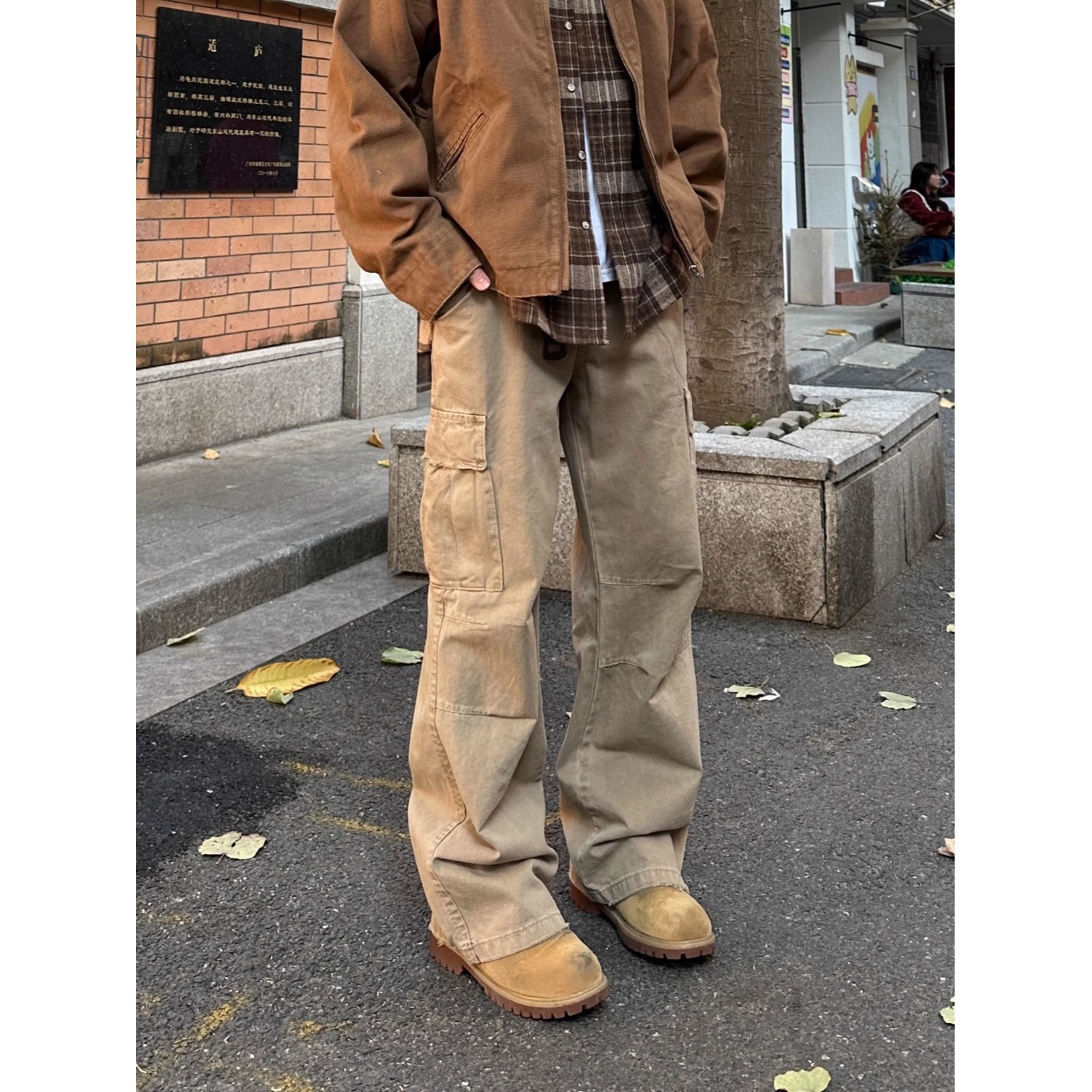 American High Street Style, Vintage Washed, Loose Straight-Leg Multi-Pocket Workwear Casual Pants for Men, Wide-Leg Long Trousers