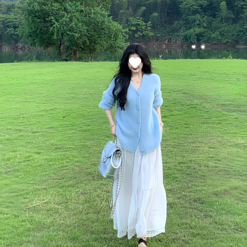 高级大袖口蓝色软糯毛衣外套女秋冬韩系慵懒风宽松毛绒绒针织开衫|undefined