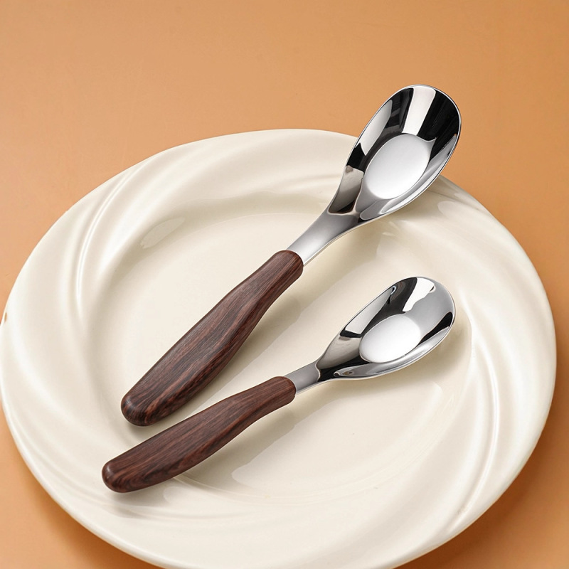 Stainless Steel Wooden Handle Imitation Wood Grain Knife, Fork and Spoon Tableware Home Western Restaurant Creative Ins Style Spoon Dessert Spoon